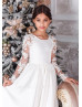 Long Sleeves Ivory Lace Satin Beaded Flower Girl Dress